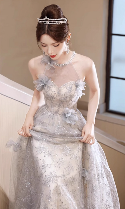 Elegant Jewel Neck Cascade Tulle Splicing Beading Sleeveless Applique Evening Prom Dress AP0656