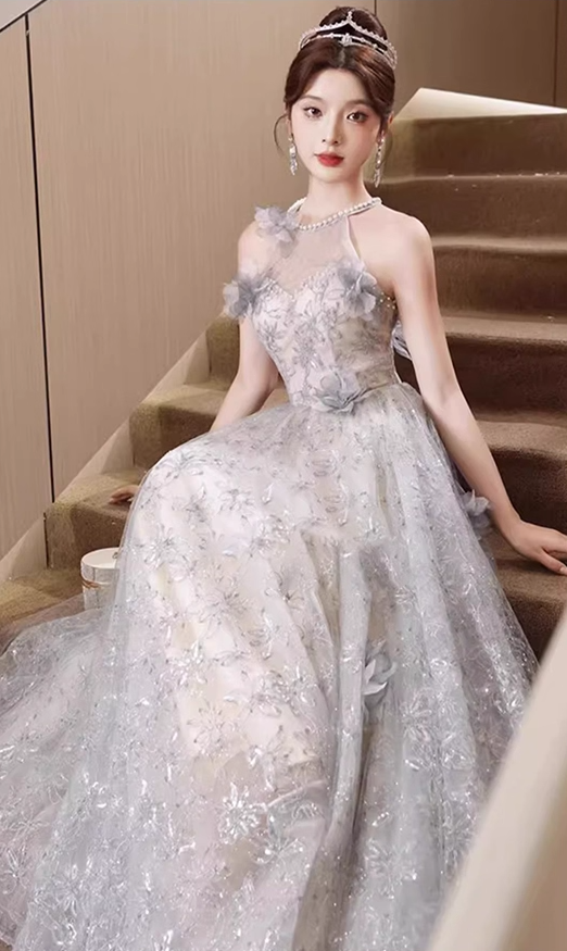 Elegant Jewel Neck Cascade Tulle Splicing Beading Sleeveless Applique Evening Prom Dress AP0656