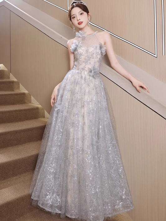 Elegant Jewel Neck Cascade Tulle Splicing Beading Sleeveless Applique Evening Prom Dress AP0656