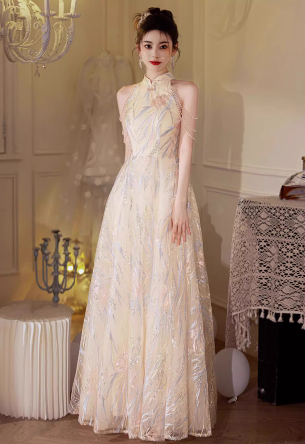 Marvelous Semi-High Collar Beading Off-Shoulder Cascade Tulle Splicing Applique Prom Dress AP0657