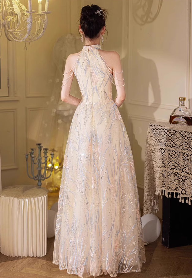 Marvelous Semi-High Collar Beading Off-Shoulder Cascade Tulle Splicing Applique Prom Dress AP0657