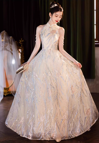 Marvelous Semi-High Collar Beading Off-Shoulder Cascade Tulle Splicing Applique Prom Dress AP0657