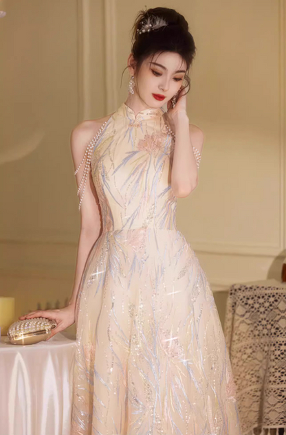 Marvelous Semi-High Collar Beading Off-Shoulder Cascade Tulle Splicing Applique Prom Dress AP0657