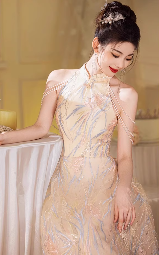 Marvelous Semi-High Collar Beading Off-Shoulder Cascade Tulle Splicing Applique Prom Dress AP0657