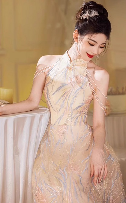 Marvelous Semi-High Collar Beading Off-Shoulder Cascade Tulle Splicing Applique Prom Dress AP0657