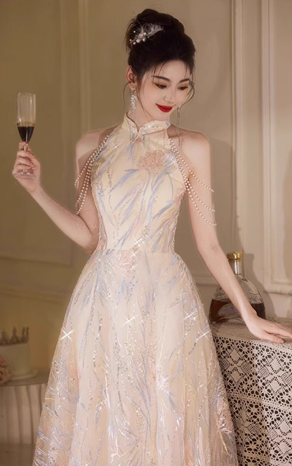 Marvelous Semi-High Collar Beading Off-Shoulder Cascade Tulle Splicing Applique Prom Dress AP0657