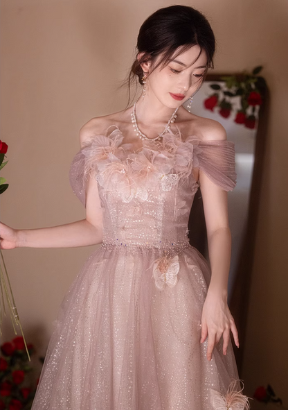 Mesh Off-Shoulder Charming Applique Beading Evening Glitter Tulle Layered Strapless Prom Dress AP0659