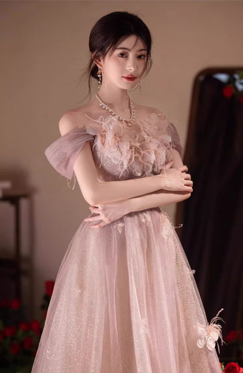 Mesh Off-Shoulder Charming Applique Beading Evening Glitter Tulle Layered Strapless Prom Dress AP0659