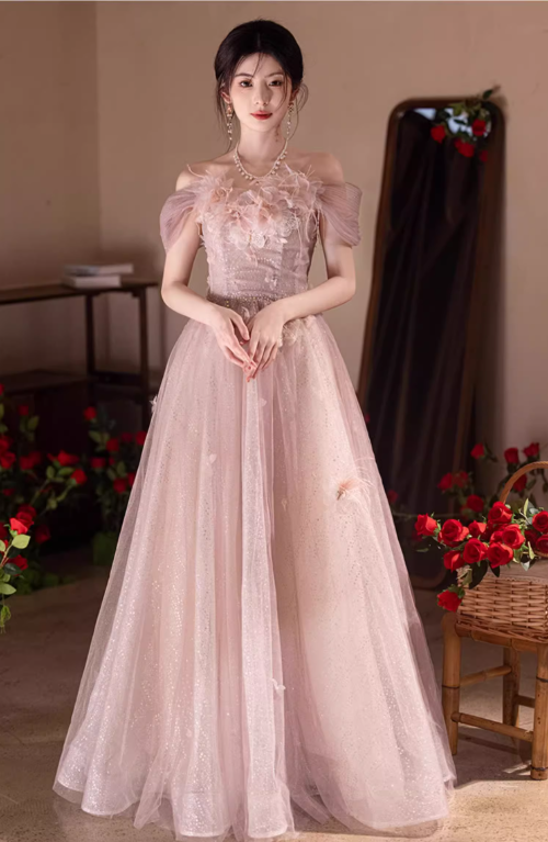 Mesh Off-Shoulder Charming Applique Beading Evening Glitter Tulle Layered Strapless Prom Dress AP0659