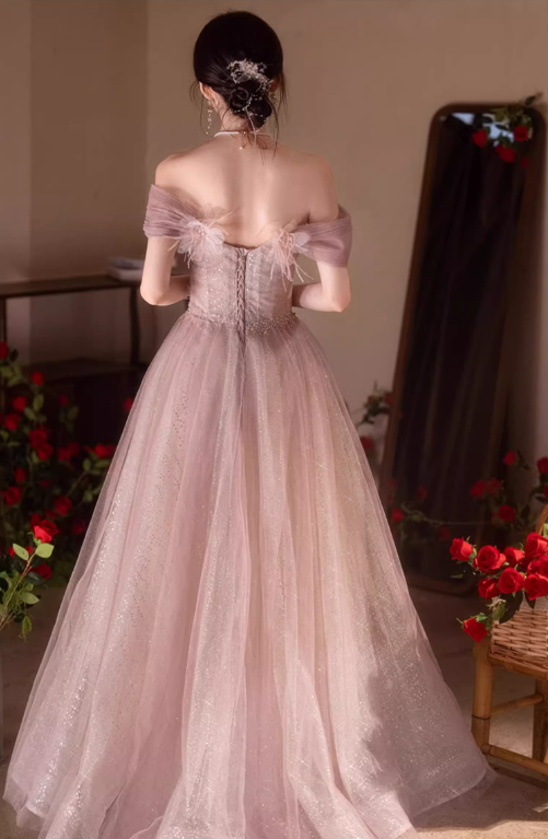 Mesh Off-Shoulder Charming Applique Beading Evening Glitter Tulle Layered Strapless Prom Dress AP0659