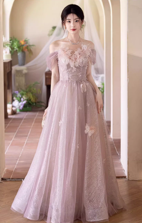 Mesh Off-Shoulder Charming Applique Beading Evening Glitter Tulle Layered Strapless Prom Dress AP0659