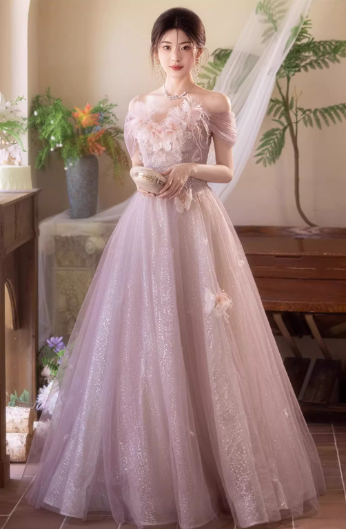 Mesh Off-Shoulder Charming Applique Beading Evening Glitter Tulle Layered Strapless Prom Dress AP0659