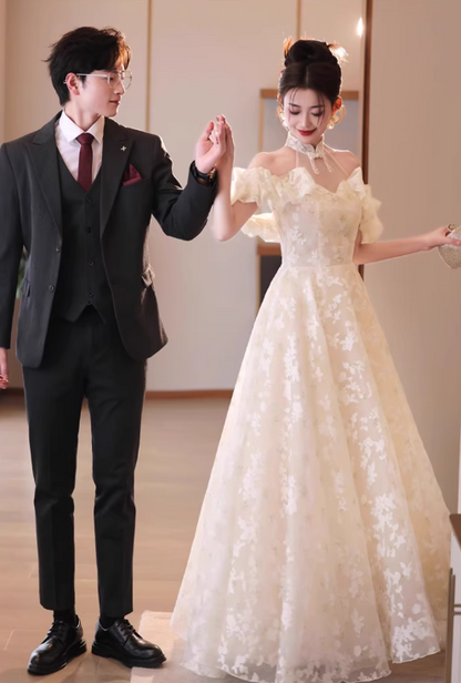 Ruffles Off-Shoulder Floral Printed Tulle Splicing Layered Feast Host Halter Prom Dress AP0660