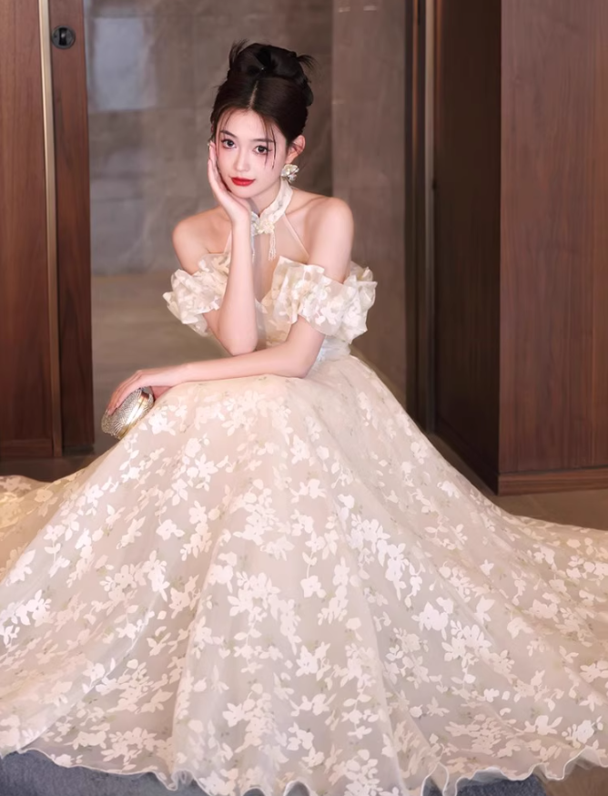 Ruffles Off-Shoulder Floral Printed Tulle Splicing Layered Feast Host Halter Prom Dress AP0660