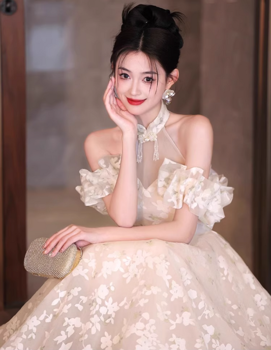 Ruffles Off-Shoulder Floral Printed Tulle Splicing Layered Feast Host Halter Prom Dress AP0660