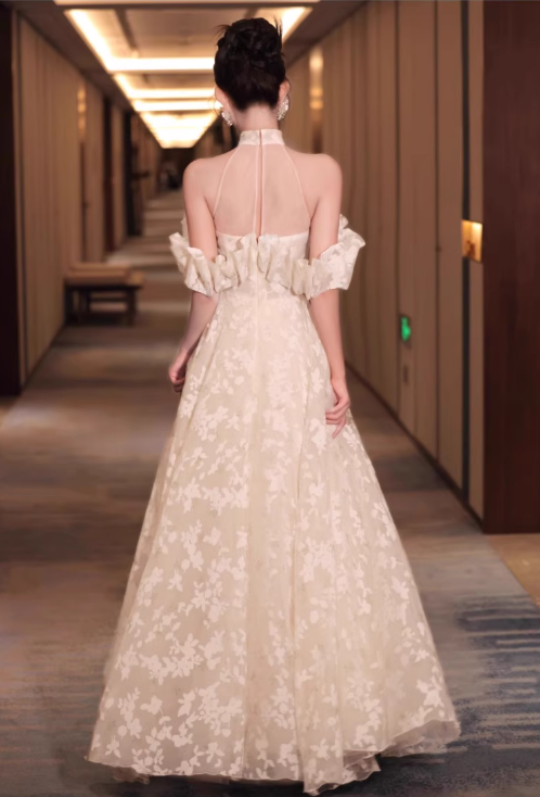 Ruffles Off-Shoulder Floral Printed Tulle Splicing Layered Feast Host Halter Prom Dress AP0660