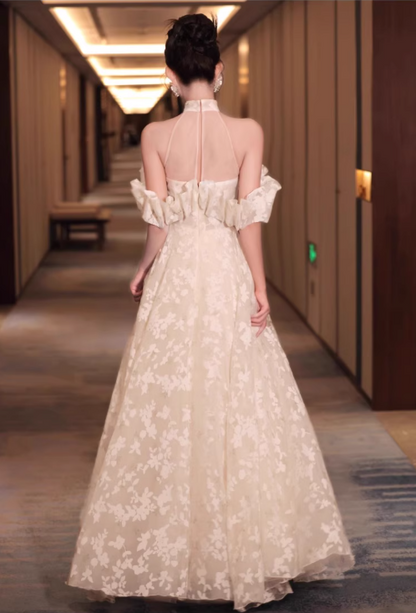 Ruffles Off-Shoulder Floral Printed Tulle Splicing Layered Feast Host Halter Prom Dress AP0660