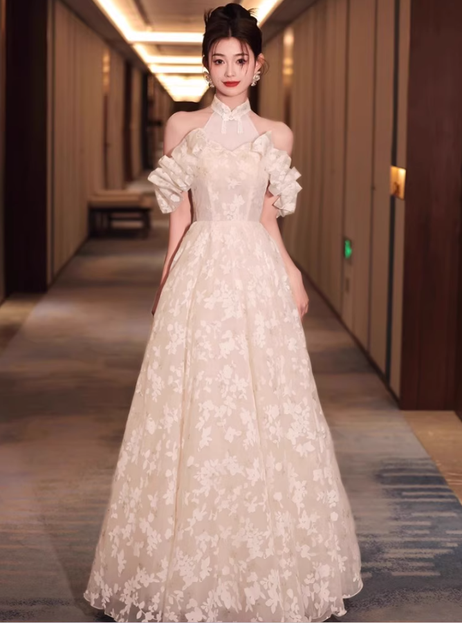 Ruffles Off-Shoulder Floral Printed Tulle Splicing Layered Feast Host Halter Prom Dress AP0660