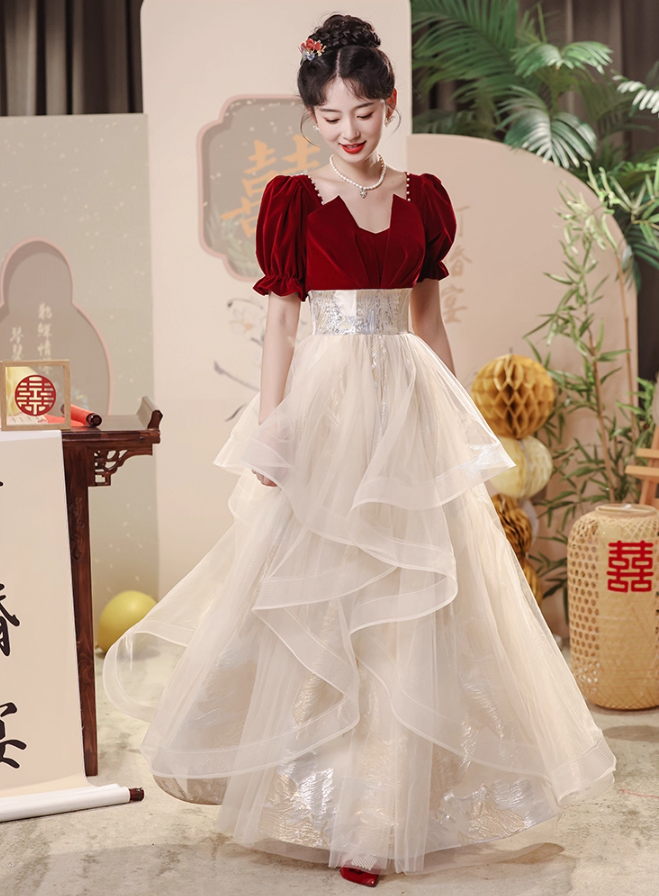 Charming Square-Neck Beading Ruffles Mesh Splicing Hem Puff Sleeve A-line Bridal Toast Gown Prom Dress AP0661