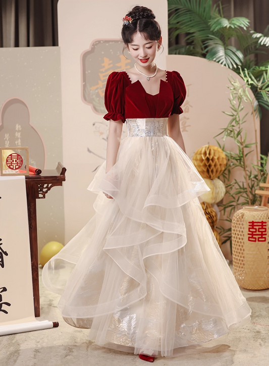 Charming Square-Neck Beading Ruffles Mesh Splicing Hem Puff Sleeve A-line Bridal Toast Gown Prom Dress AP0661