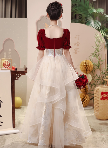 Charming Square-Neck Beading Ruffles Mesh Splicing Hem Puff Sleeve A-line Bridal Toast Gown Prom Dress AP0661