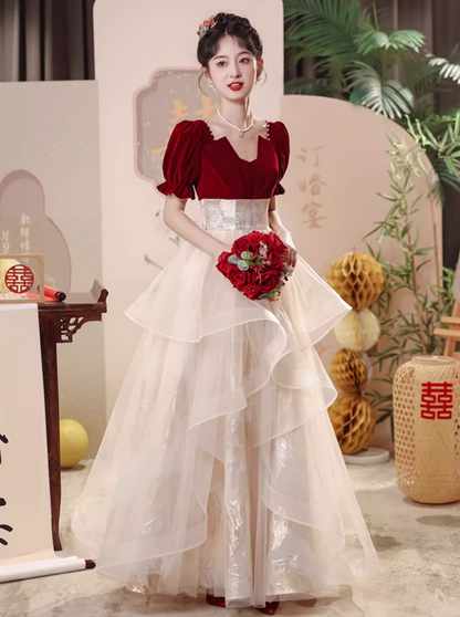 Charming Square-Neck Beading Ruffles Mesh Splicing Hem Puff Sleeve A-line Bridal Toast Gown Prom Dress AP0661