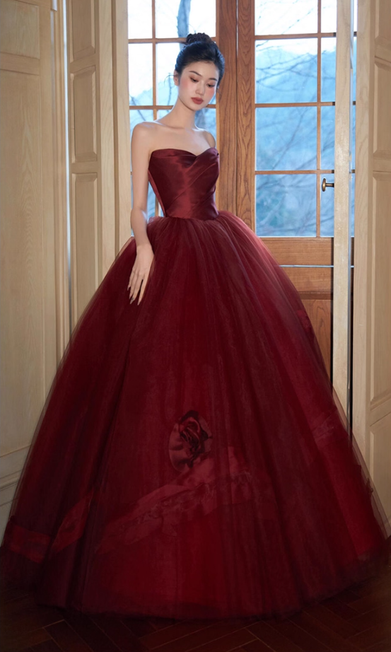 Ethereal Princess Red Feast Dress Cascade Ruffles Applique Tulle Splicing Charming Strapless A-line Prom Dress AP0662
