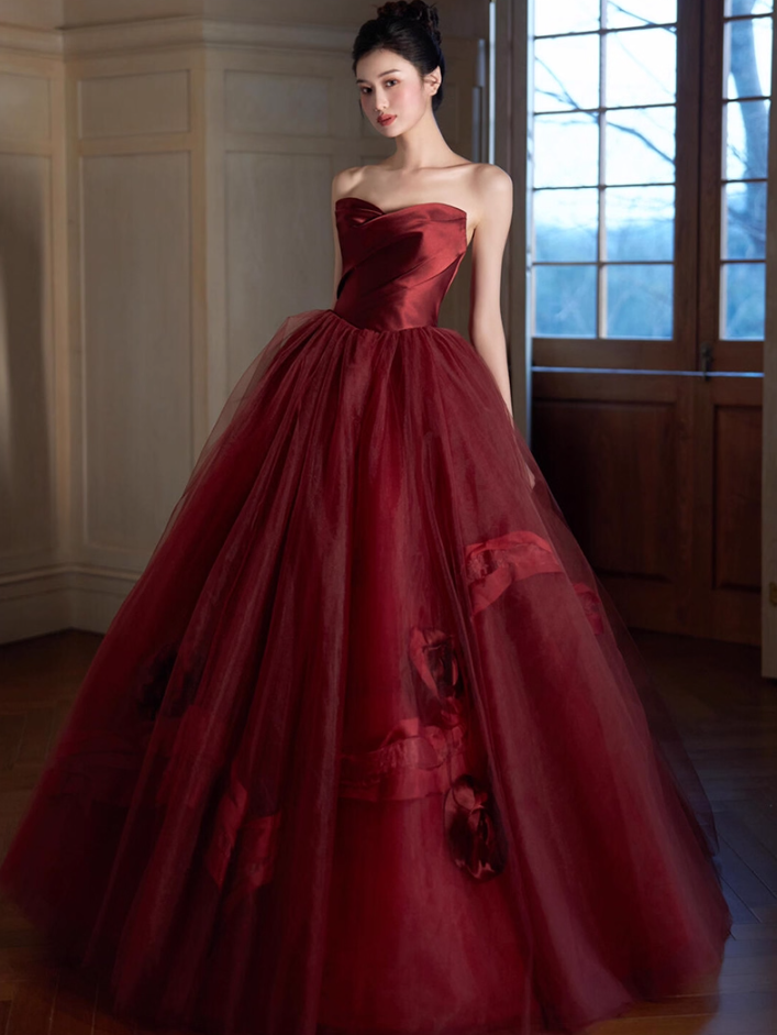 Ethereal Princess Red Feast Dress Cascade Ruffles Applique Tulle Splicing Charming Strapless A-line Prom Dress AP0662