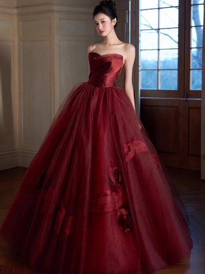 Ethereal Princess Red Feast Dress Cascade Ruffles Applique Tulle Splicing Charming Strapless A-line Prom Dress AP0662
