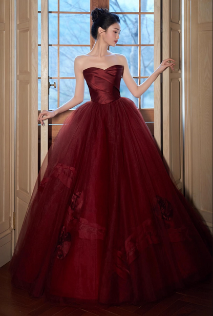 Ethereal Princess Red Feast Dress Cascade Ruffles Applique Tulle Splicing Charming Strapless A-line Prom Dress AP0662