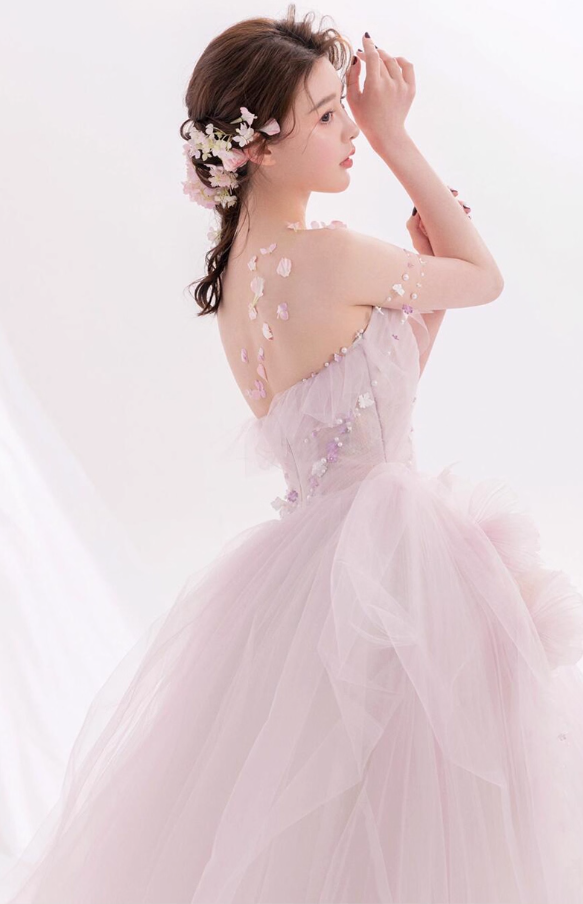 Pink Feast Princess Long Dress Ethereal Applique Beading Cascade Tulle Splicing Strapless A-line Prom Dress AP0664