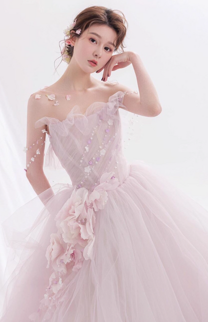 Pink Feast Princess Long Dress Ethereal Applique Beading Cascade Tulle Splicing Strapless A-line Prom Dress AP0664