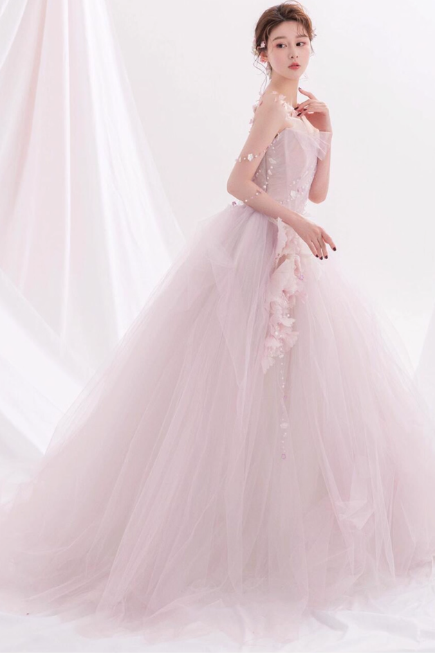 Pink Feast Princess Long Dress Ethereal Applique Beading Cascade Tulle Splicing Strapless A-line Prom Dress AP0664