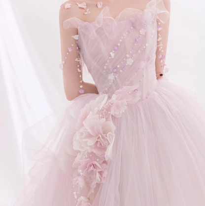 Pink Feast Princess Long Dress Ethereal Applique Beading Cascade Tulle Splicing Strapless A-line Prom Dress AP0664