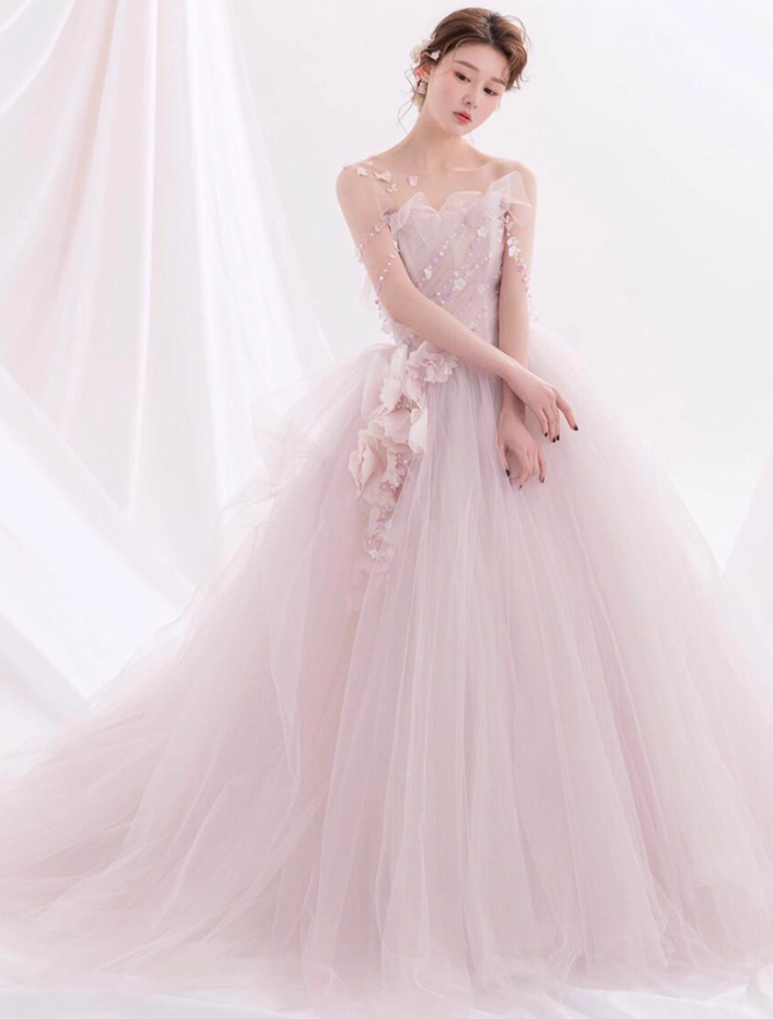 Pink Feast Princess Long Dress Ethereal Applique Beading Cascade Tulle Splicing Strapless A-line Prom Dress AP0664