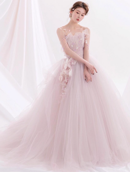 Pink Feast Princess Long Dress Ethereal Applique Beading Cascade Tulle Splicing Strapless A-line Prom Dress AP0664