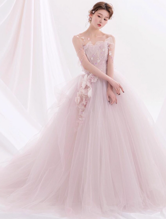 Pink Feast Princess Long Dress Ethereal Applique Beading Cascade Tulle Splicing Strapless A-line Prom Dress AP0664