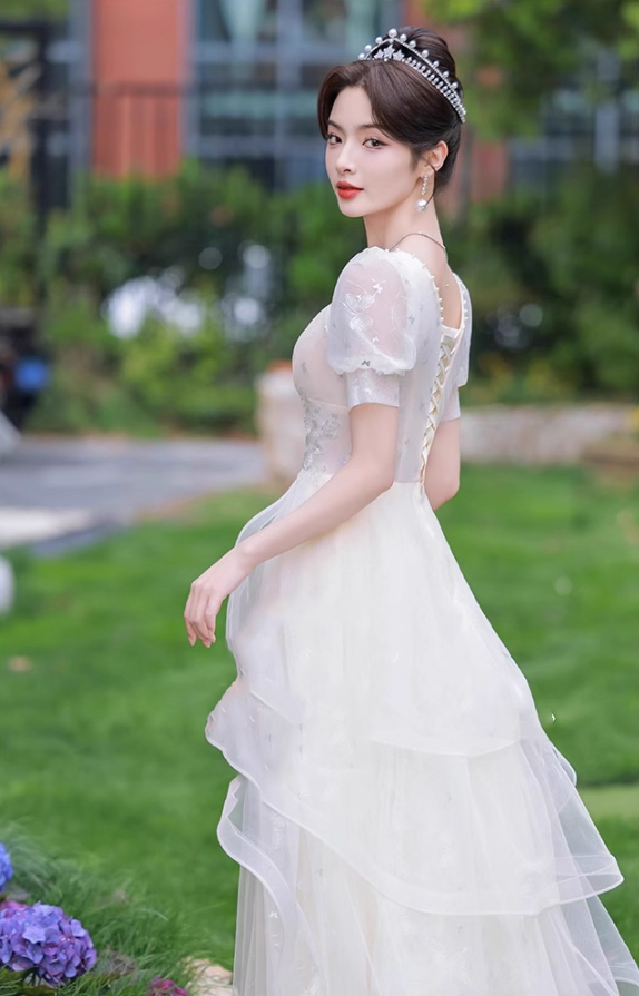 Fabulous Cascade Tulle Hem Puff Sleeve Chic Applique Cinched Waist A-line Prom Long Dress AP0665