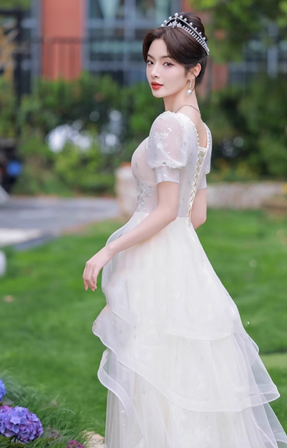 Fabulous Cascade Tulle Hem Puff Sleeve Chic Applique Cinched Waist A-line Prom Long Dress AP0665