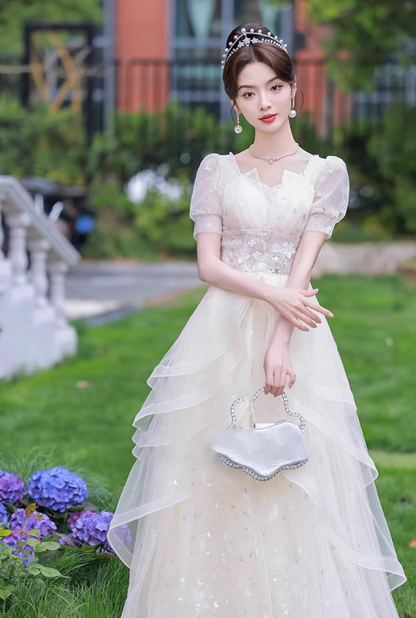 Fabulous Cascade Tulle Hem Puff Sleeve Chic Applique Cinched Waist A-line Prom Long Dress AP0665