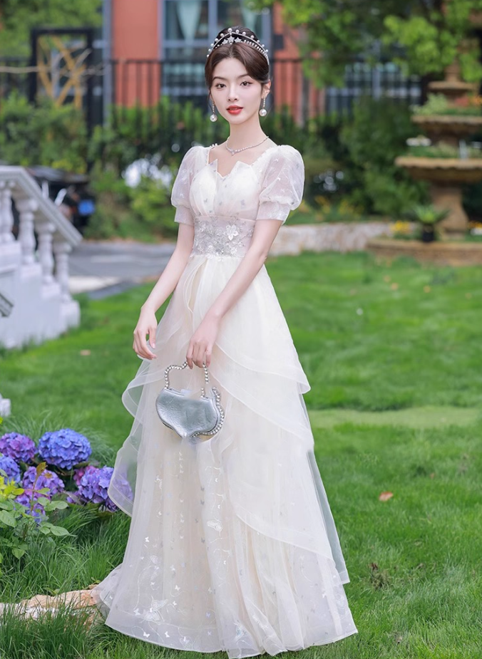 Fabulous Cascade Tulle Hem Puff Sleeve Chic Applique Cinched Waist A-line Prom Long Dress AP0665