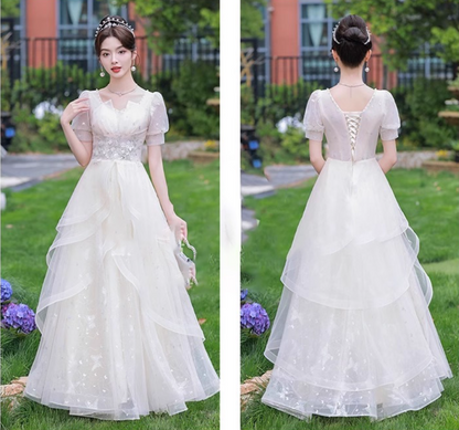 Fabulous Cascade Tulle Hem Puff Sleeve Chic Applique Cinched Waist A-line Prom Long Dress AP0665
