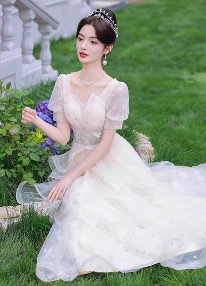 Fabulous Cascade Tulle Hem Puff Sleeve Chic Applique Cinched Waist A-line Prom Long Dress AP0665