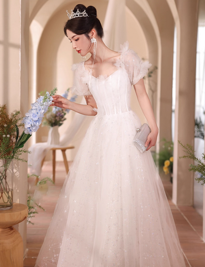 Cascade Sparkle Tulle Hem Puff Sleeve Fabulous Applique Cinched Waist Prom Long Dress AP0666