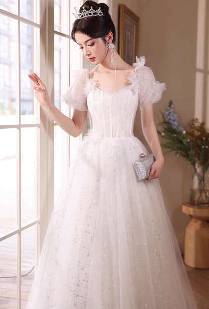 Cascade Sparkle Tulle Hem Puff Sleeve Fabulous Applique Cinched Waist Prom Long Dress AP0666