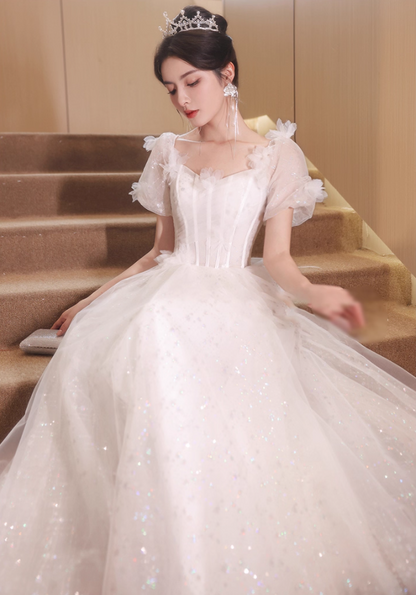 Cascade Sparkle Tulle Hem Puff Sleeve Fabulous Applique Cinched Waist Prom Long Dress AP0666