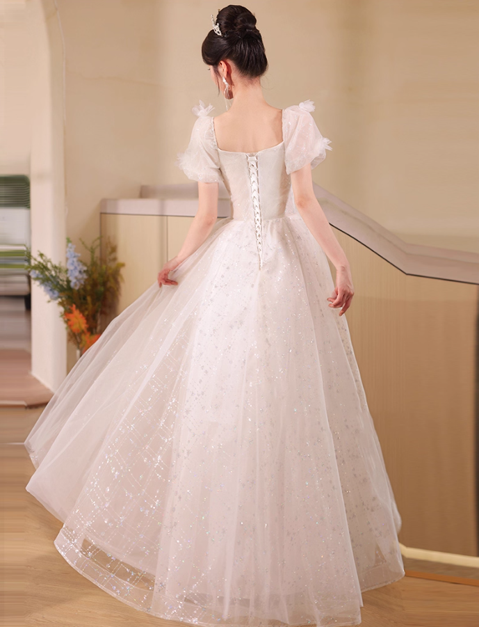 Cascade Sparkle Tulle Hem Puff Sleeve Fabulous Applique Cinched Waist Prom Long Dress AP0666