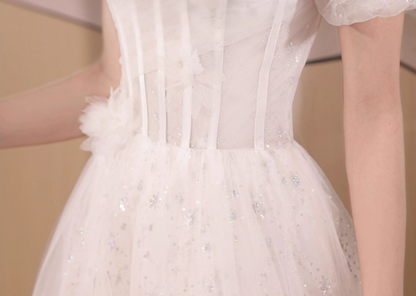 Cascade Sparkle Tulle Hem Puff Sleeve Fabulous Applique Cinched Waist Prom Long Dress AP0666