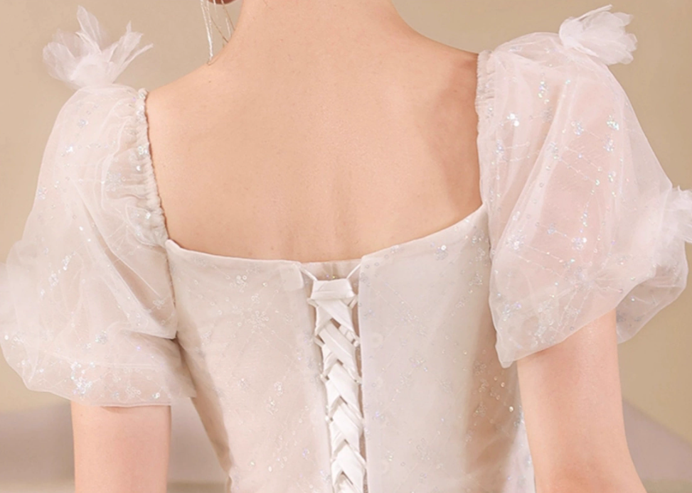 Cascade Sparkle Tulle Hem Puff Sleeve Fabulous Applique Cinched Waist Prom Long Dress AP0666