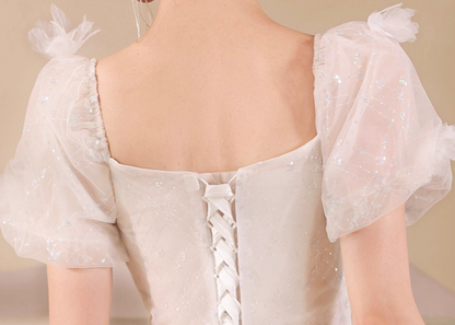 Cascade Sparkle Tulle Hem Puff Sleeve Fabulous Applique Cinched Waist Prom Long Dress AP0666